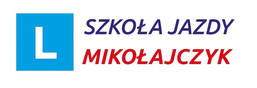 Logo "SZKOŁA JAZDY MIKOŁAJCZYK". Po lewej stronie znajduje się niebieski kwadrat z białą literą "L". Po prawej stronie widnieje napis: w górnej linii granatowy, kursywą "SZKOŁA JAZDY", a poniżej czerwony, pogrubiony, kursywą "MIKOŁAJCZYK".